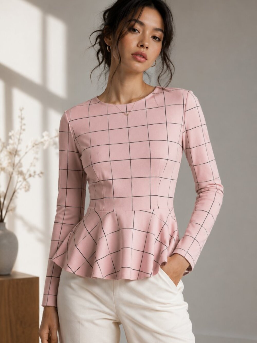 Girl With Curves Peplum Long Sleeve Windowpane Top Pink XS